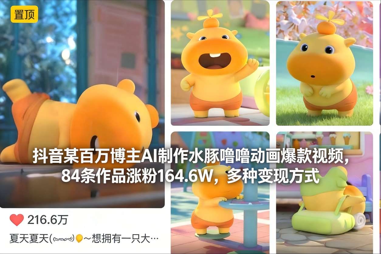 抖音某百万博主AI制作水豚噜噜动画爆款视频,84条作品涨粉164.6W,多种变现方式|一站式知识服务平台|多样资源|热门项目|详尽教程|学习交流|成功之门|HY资源库