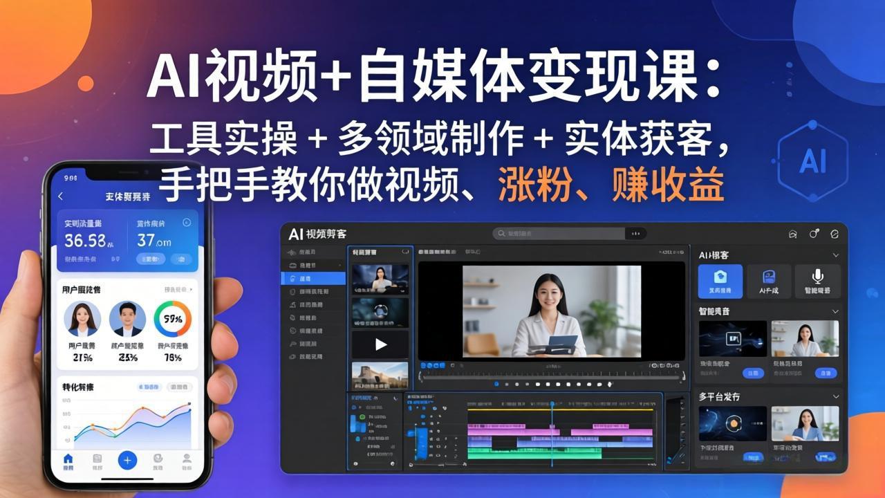 AI视频+自媒体变现课：工具实操 + 多领域制作 + 实体获客，手把手教你做视频、涨粉、赚收益网赚项目-副业赚钱-互联网创业-资源整合西狂乐