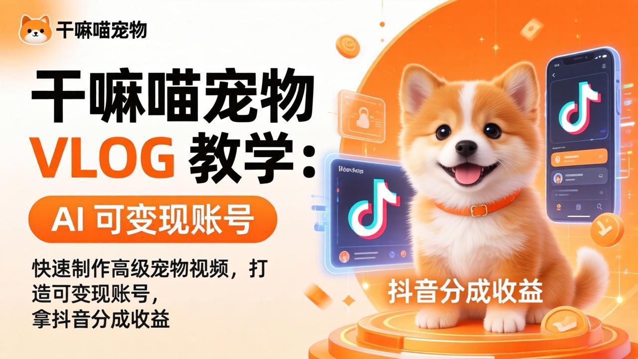 干嘛喵宠物 VLOG 教学：AI 快速制作高级宠物视频，打造可变现账号，拿抖音分成收益网赚项目-副业赚钱-互联网创业-资源整合西狂乐
