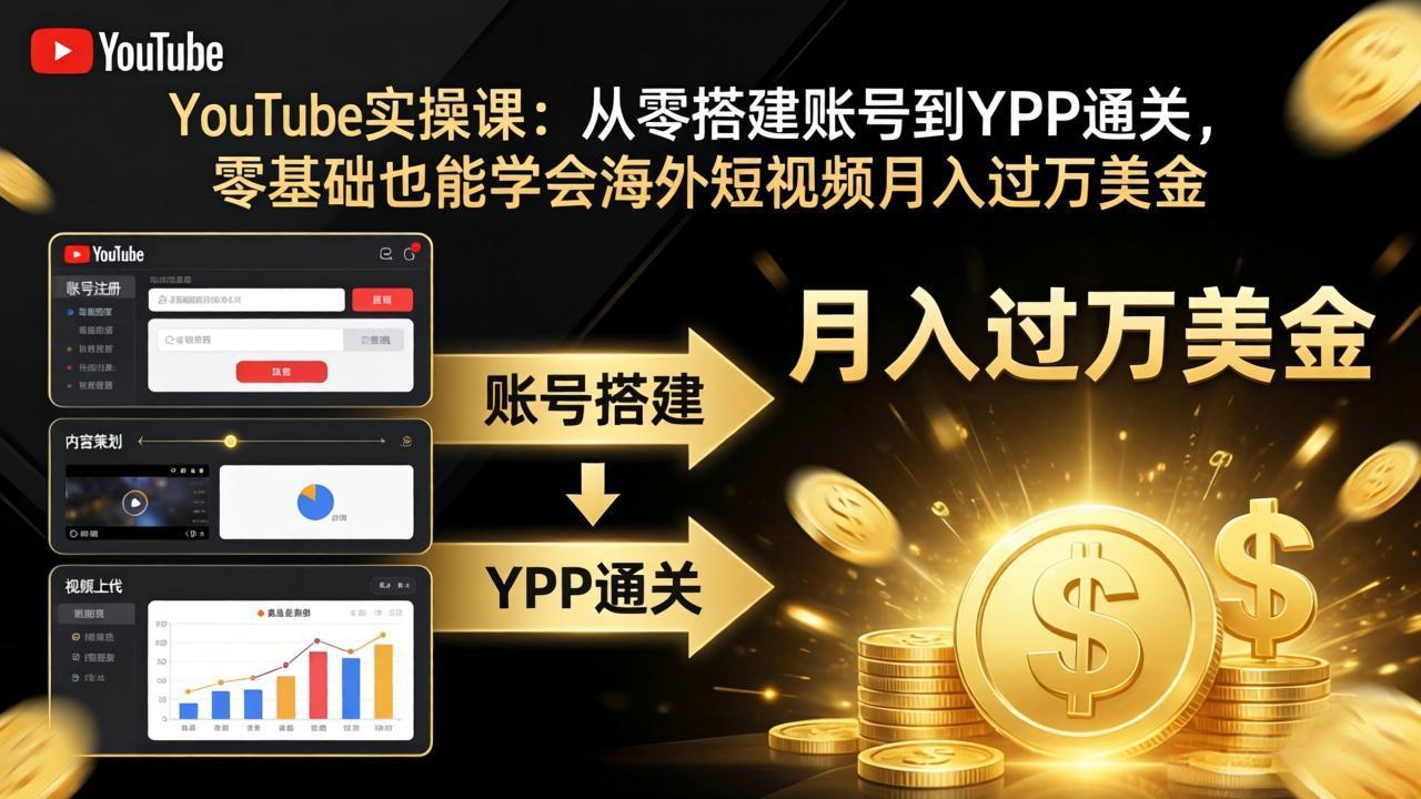 YouTube实操课：从零搭建账号到YPP通关，零基础也能学会海外短视频月入过万美金网赚项目-副业赚钱-互联网创业-资源整合西狂乐
