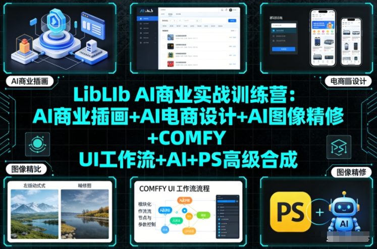 LibLIb AI商业实战训练营：AI商业插画+AI电商设计+AI图像精修+COMFY UI工作流+AI+PS高级合成|一站式知识服务平台|多样资源|热门项目|详尽教程|学习交流|成功之门|HY资源库