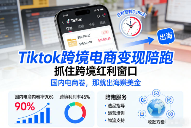 Tiktok跨境电商变现陪跑，抓住跨境红利窗口，国内电商卷，那就出海賺美金网赚项目-副业赚钱-互联网创业-资源整合歪妹网赚