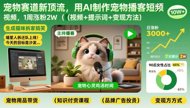 宠物赛道新顶流，用AI制作宠物播客短视频，1周涨粉2W（视频+提示词+变现方法）网赚项目-副业赚钱-互联网创业-资源整合歪妹网赚