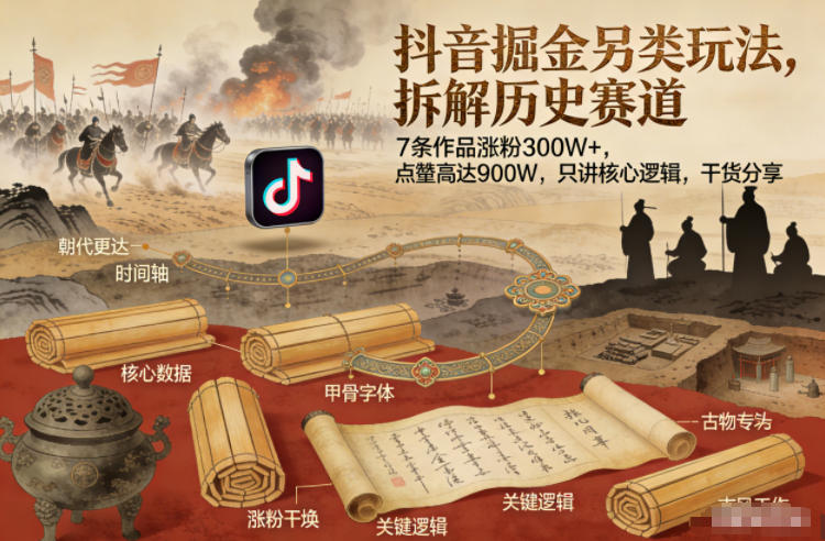 抖音掘金另类玩法，拆解历史赛道，7条作品涨粉300W+，点赞量高达900W，只讲核心逻辑，干货分享|一站式知识服务平台|多样资源|热门项目|详尽教程|学习交流|成功之门|HY资源库