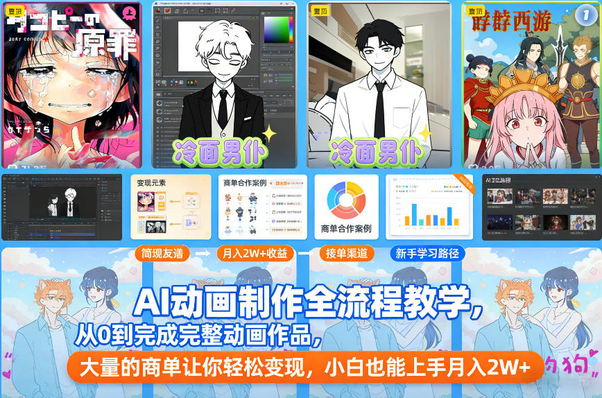 AI动画制作全流程教学，从0到完成完整动画作品，大量的商单让你轻松变现，小白也能上手月入2W+|一站式知识服务平台|多样资源|热门项目|详尽教程|学习交流|成功之门|HY资源库