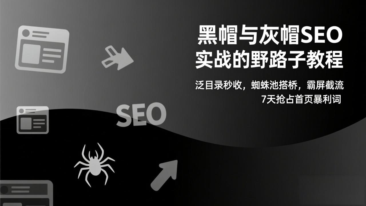 黑帽与灰帽SEO实战的野路子教程：泛目录秒收，蜘蛛池搭桥，霸屏截流，7天抢占首页暴利词|一站式知识服务平台|多样资源|热门项目|详尽教程|学习交流|成功之门|HY资源库