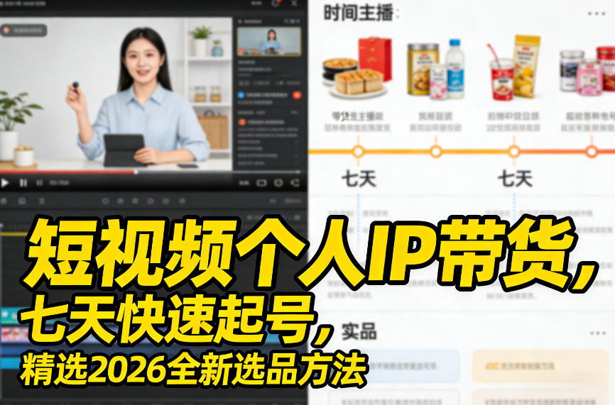 短视频个人IP带货，七天快速起号，精选2026全新选品方法网赚项目-副业赚钱-互联网创业-资源整合老八网赚