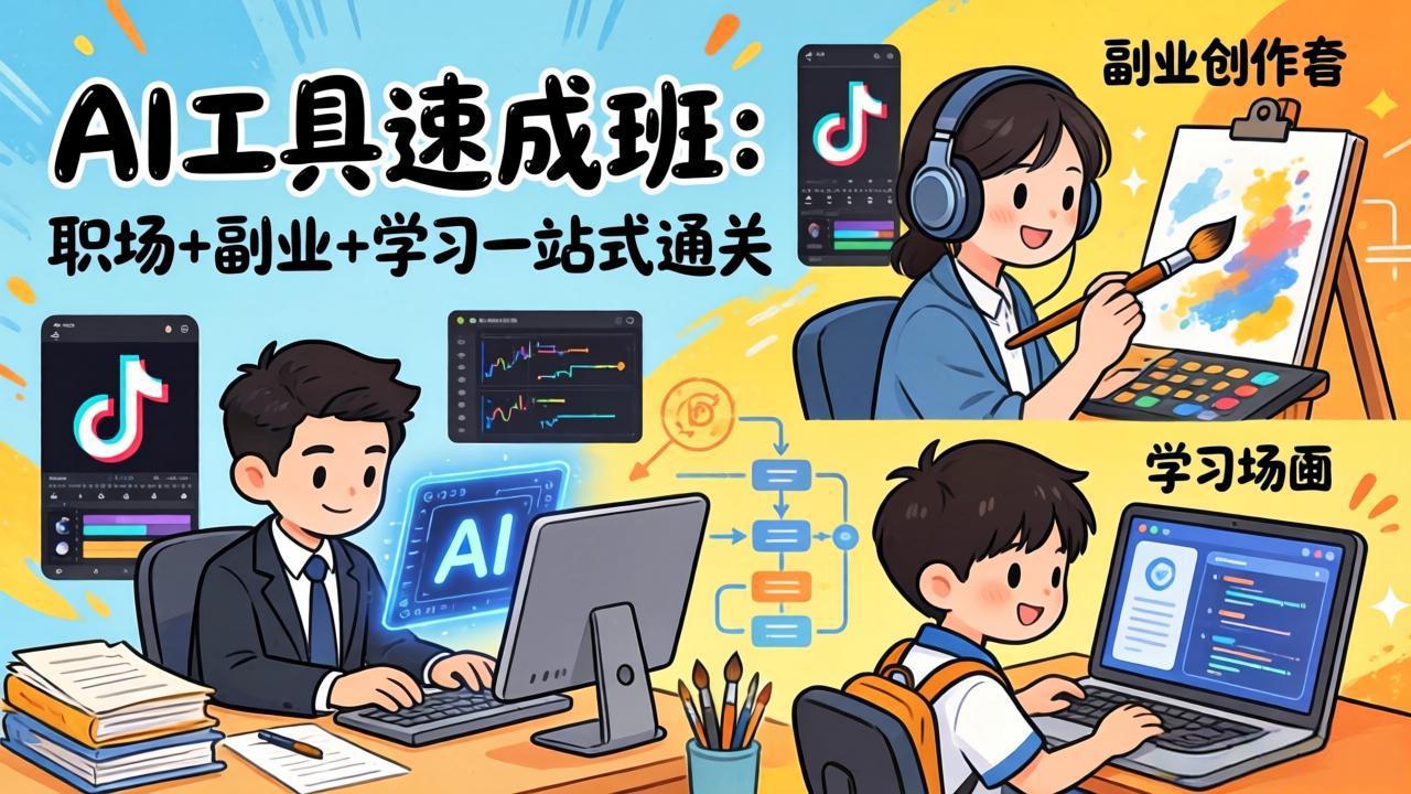 AI工具速成班：职场+副业+学习一站式通关，20+爆款类型+剪映技巧+抖音算法，0基础快速上手|一站式知识服务平台|多样资源|热门项目|详尽教程|学习交流|成功之门|HY资源库