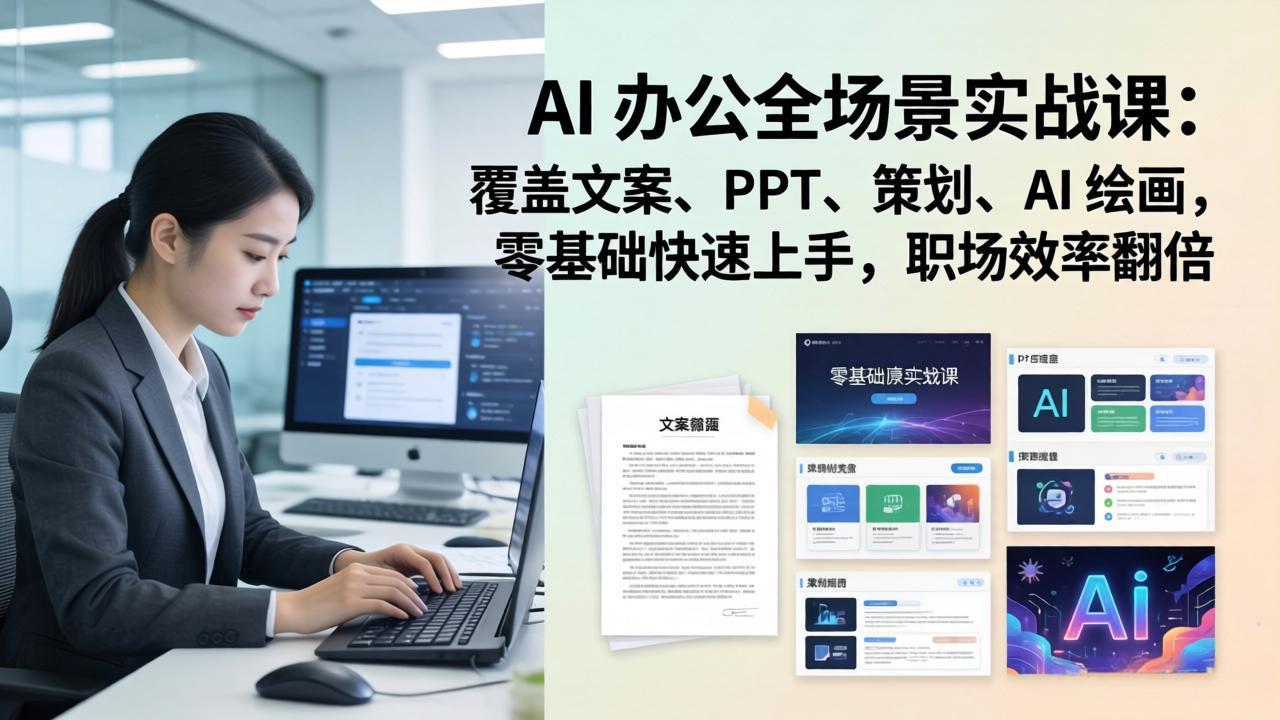 AI 办公全场景实战课：覆盖文案、PPT、策划、AI 绘画，零基础快速上手，职场效率翻倍|一站式知识服务平台|多样资源|热门项目|详尽教程|学习交流|成功之门|HY资源库