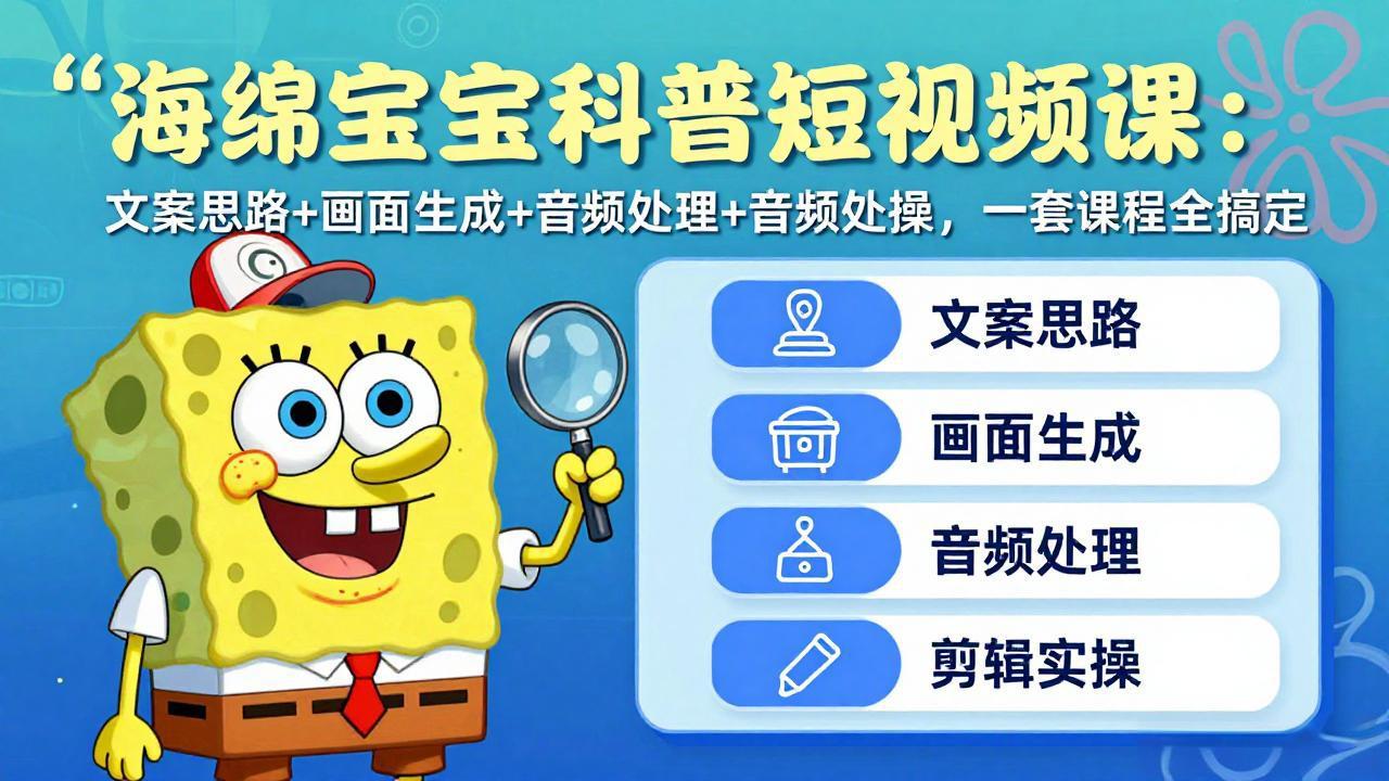 海绵宝宝科普短视频课：文案思路+画面生成+音频处理+剪辑实操，一套课程全搞定|一站式知识服务平台|多样资源|热门项目|详尽教程|学习交流|成功之门|HY资源库