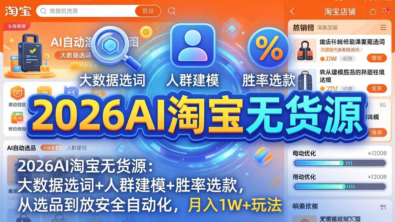 2026AI淘宝无货源：大数据选词+人群建模+胜率选款，从选品到放大全自动化，月入1W+玩法|一站式知识服务平台|多样资源|热门项目|详尽教程|学习交流|成功之门|HY资源库